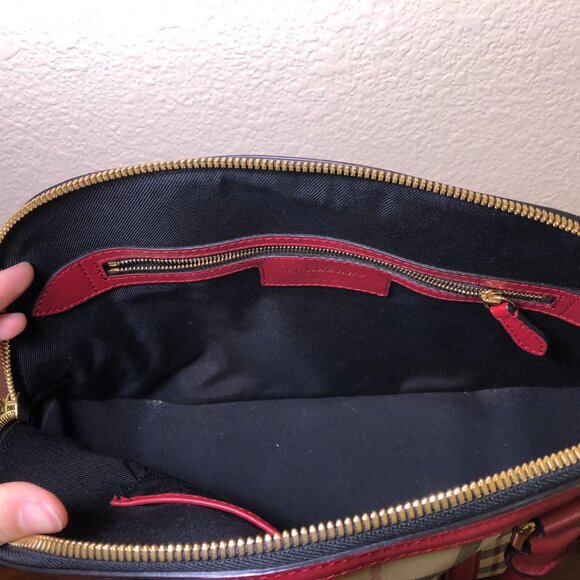 BURBERRY Horseferry Checkered Canvas and Leather Tote Bowling Bag Red/Beige - Picture 11 of 16